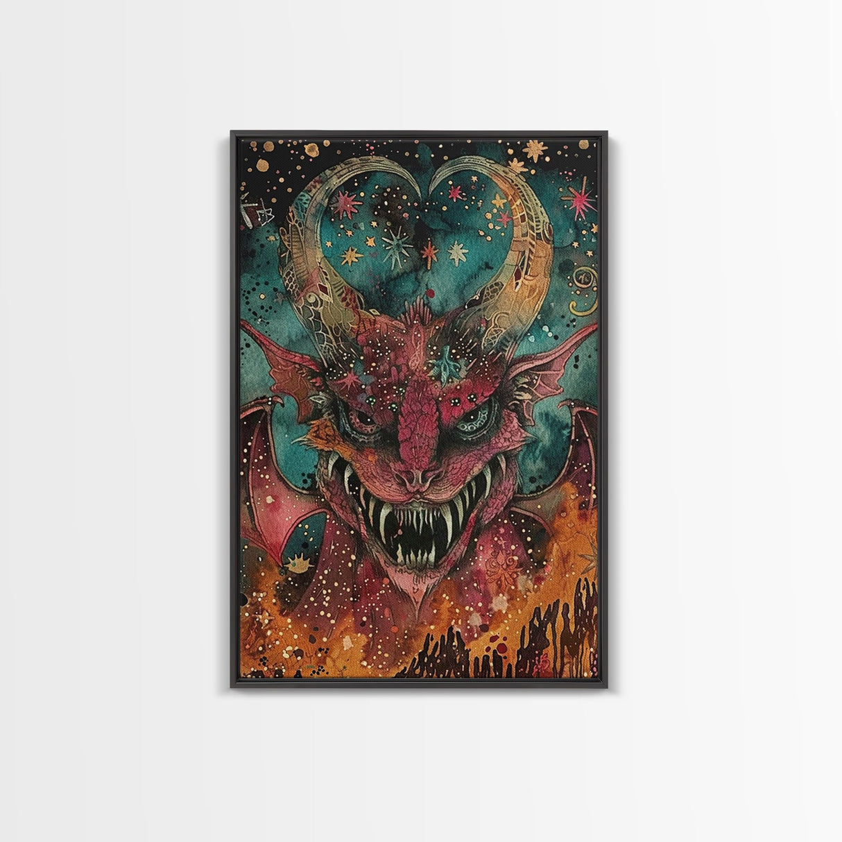 Fantastical Demon with Stars Framed Canvas Print | Halloween Monster Art | Spooky Starry Art | Scary Demon Art for Home Decoration