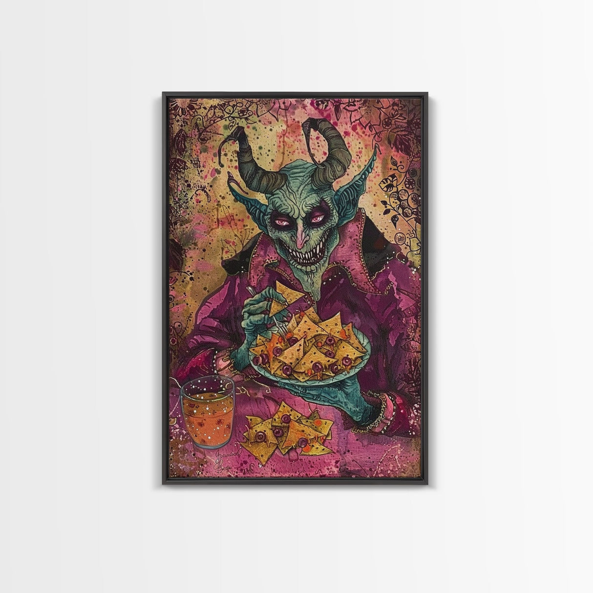 Spooky Demon Eating Chips Framed Canvas Print, Halloween Art, Unique Wall Art, Creepy Home Decor, Scary Art, Spooky Living Room Decor