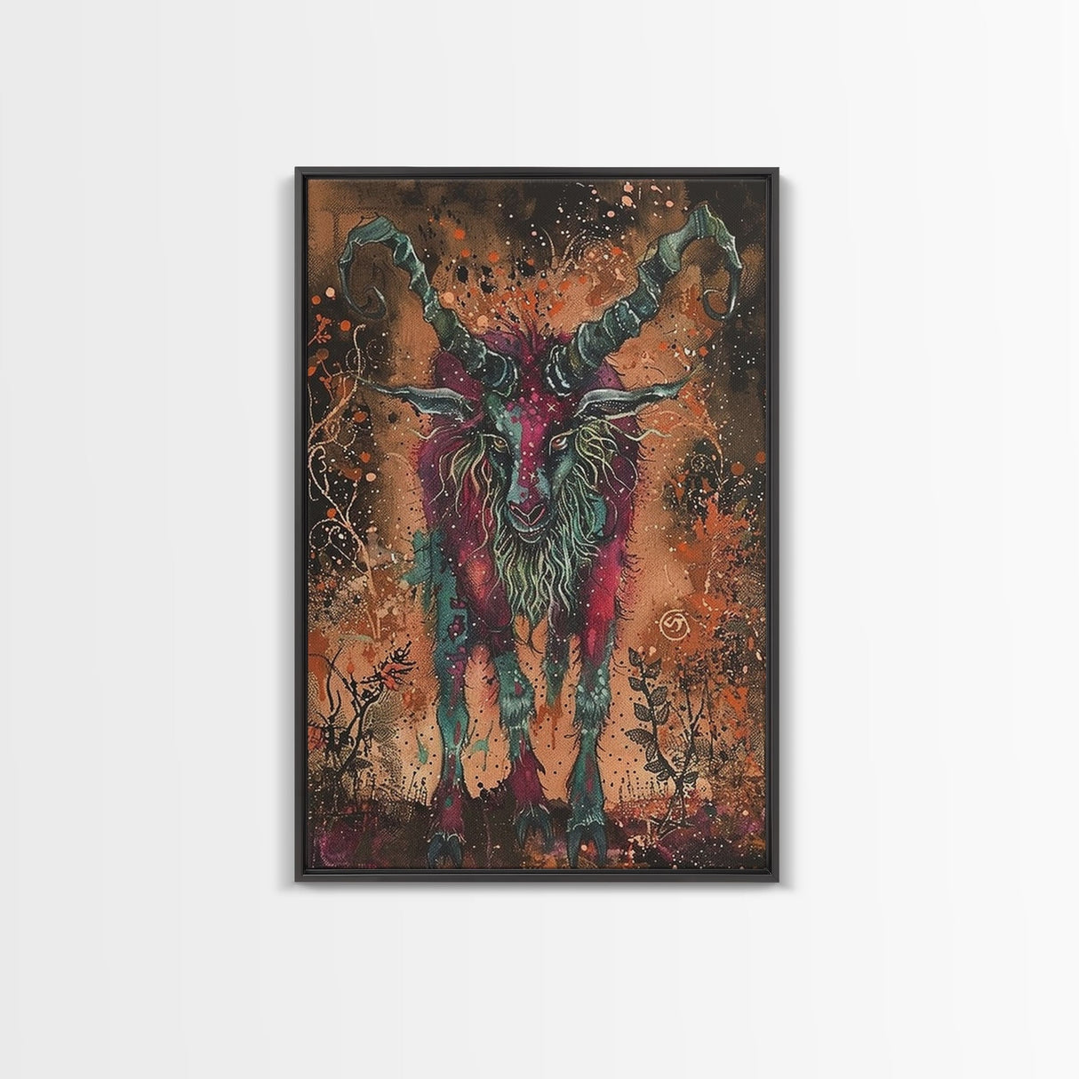 Mysterious Goat Demon Framed Canvas Print, Halloween Art, Unique Wall Art, Spooky Home Decor, Scary Art, Eerie Living Room Decor
