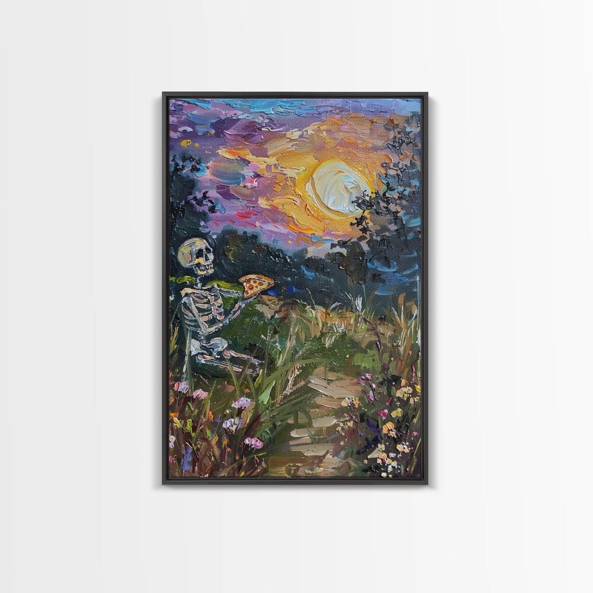 Graveyard Pizza Party Framed Canvas print, Skeleton Eating Pizza In a Cemetary Halloween Decor