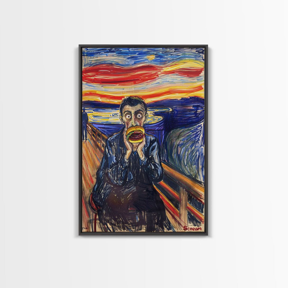Scream-Inspired Art of a Man Eating a Hamburger, Blending Horror and Humor for a Unique Halloween Wall Art Addition