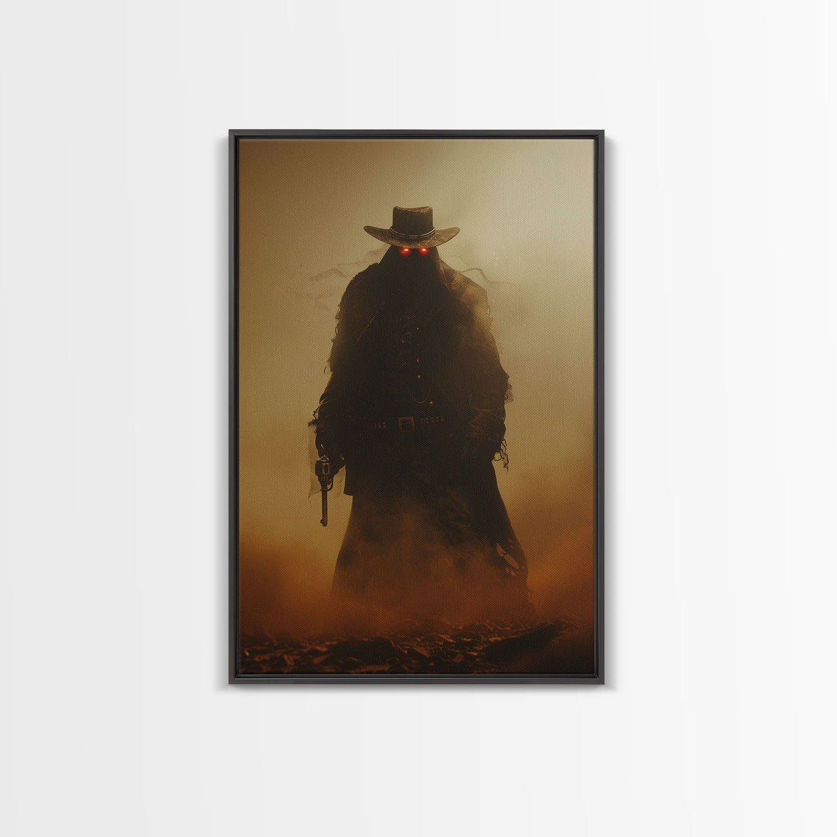Mysterious Cowboy with Glowing Red Eyes in Desert | Halloween Wall Art | Spooky Home Decor | Creepy Cowboy Painting | Framed Canvas Print