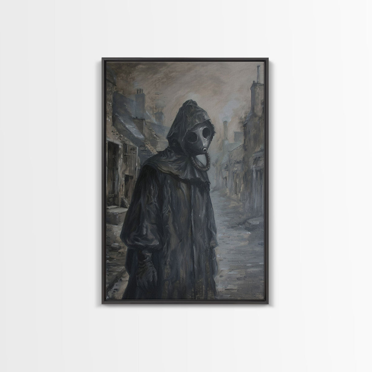 Plague Doctor in Abandoned Town | Halloween Wall Art | Spooky Home Decor | Creepy Plague Doctor Painting | Framed Canvas Print
