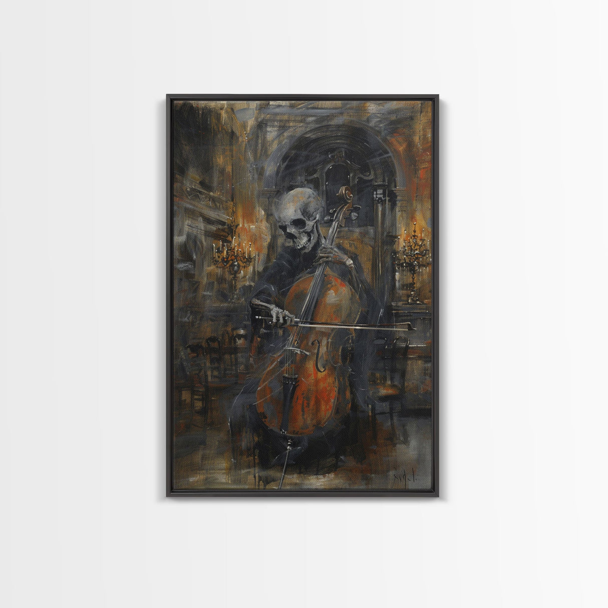 Skeleton Cellist in Gothic Cathedral | Halloween Wall Art | Spooky Home Decor | Creepy Skeleton Musician Painting | Framed Canvas Print