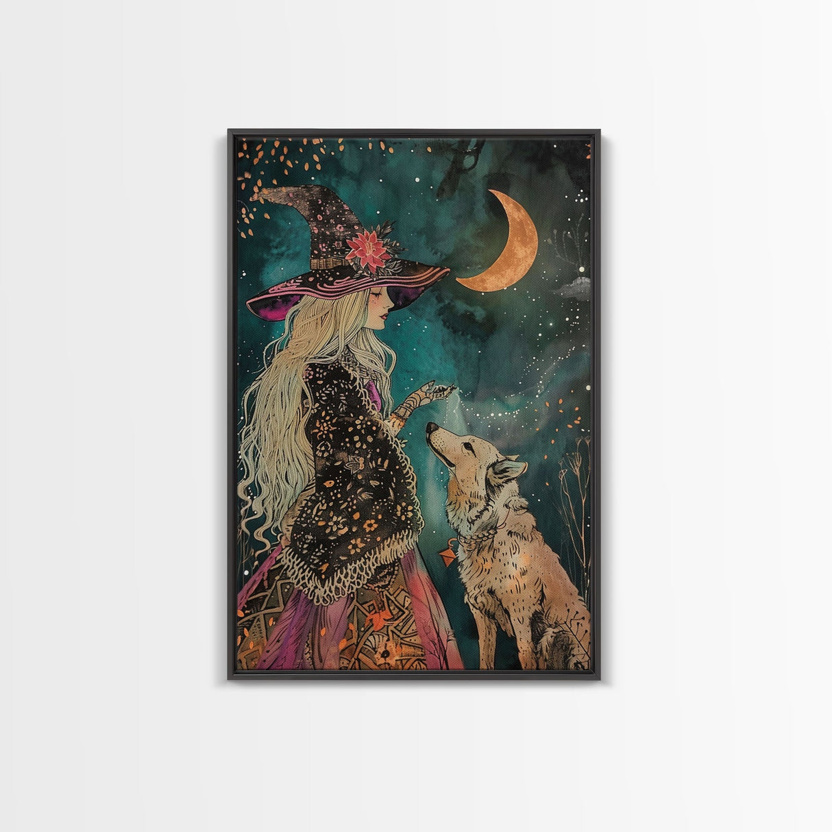 Mystical Witch and Wolf Under Crescent Moon - Halloween Wall Art - Spooky Home Decor - Perfect Halloween Gift - Witch and Wolf Painting