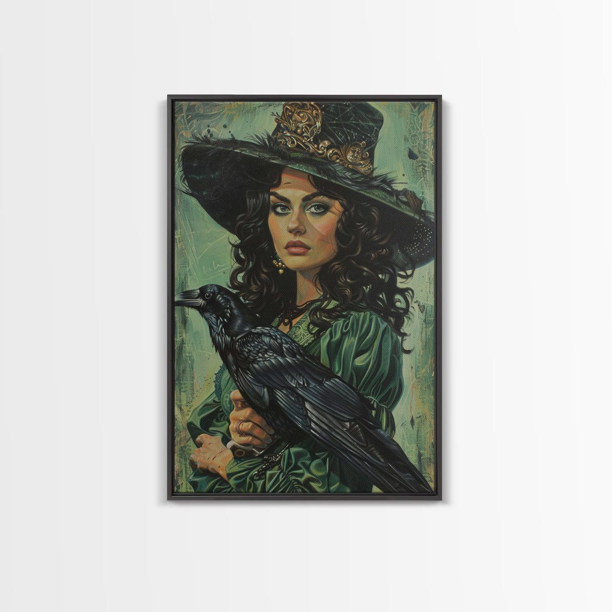 Raven Witch in Green Dress - Halloween Wall Art - Spooky Home Decor - Witch and Raven Painting - Gothic Halloween Decoration