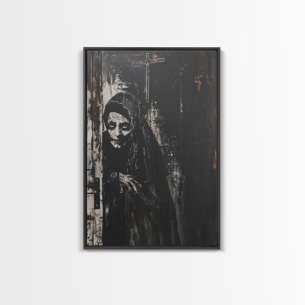 Haunted Nun with Eerie Expression, Framed Canvas Print, Gothic Halloween Art, Spooky Religious Decor, Scary Nun Painting, Gothic Home Art