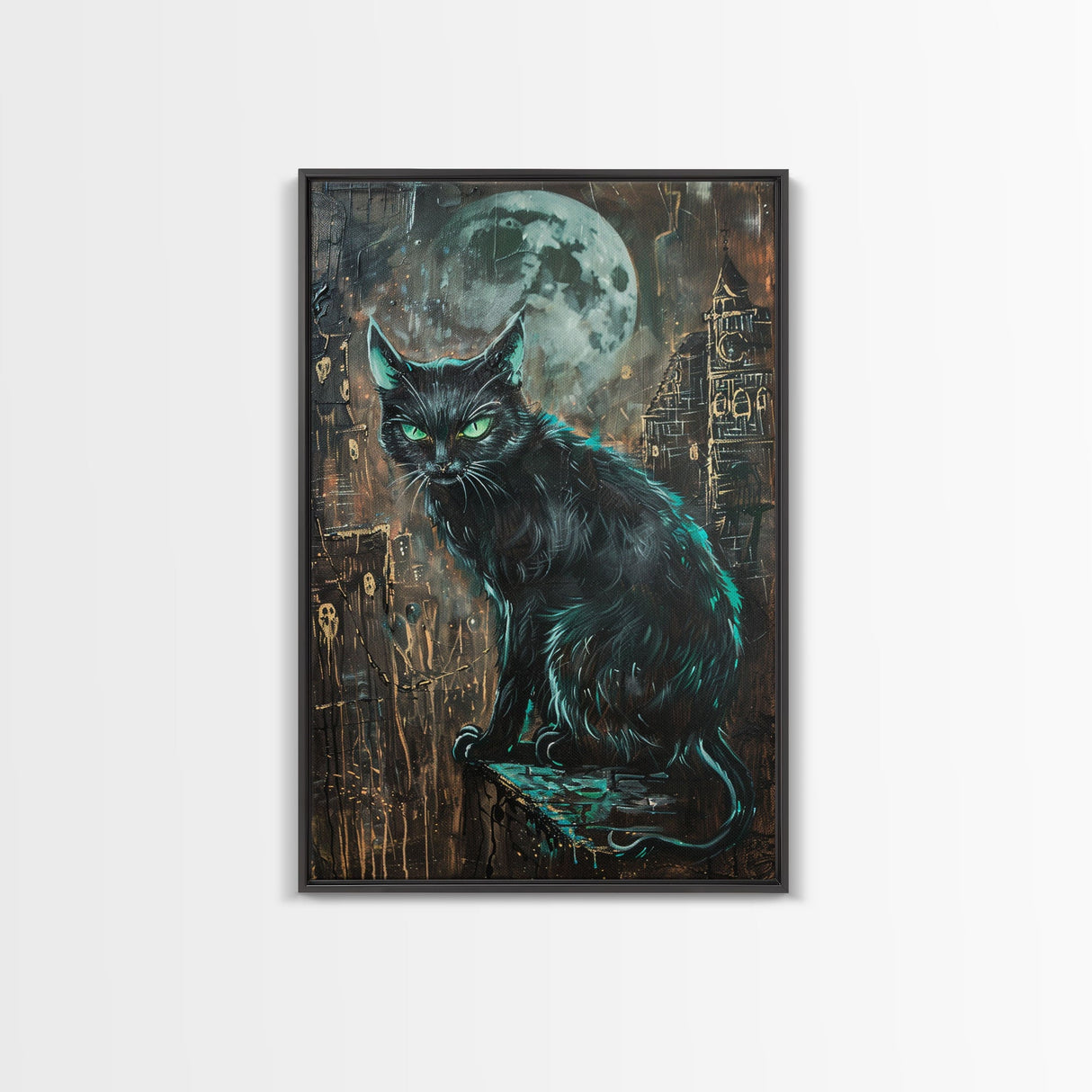 Black Cat with Piercing Green Eyes, Framed Canvas Print, Spooky Cat Art, Witchy Feline Decor, Halloween Wall Art, Gothic Cat Decor