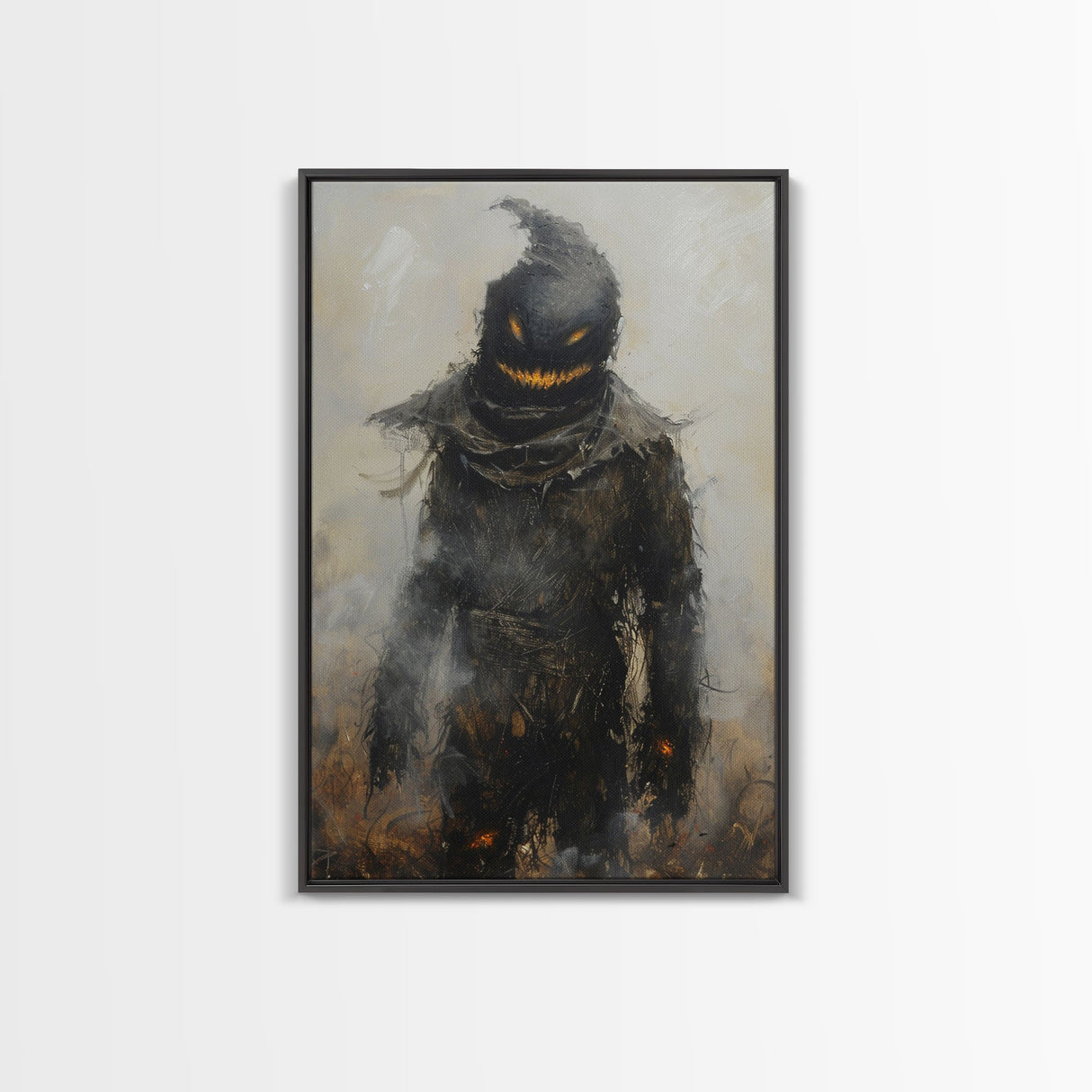 Scarecrow with Glowing Eyes in Dark Field, Framed Canvas Print, Halloween Scarecrow Art, Spooky Farm Decor, Creepy Harvest Illustration