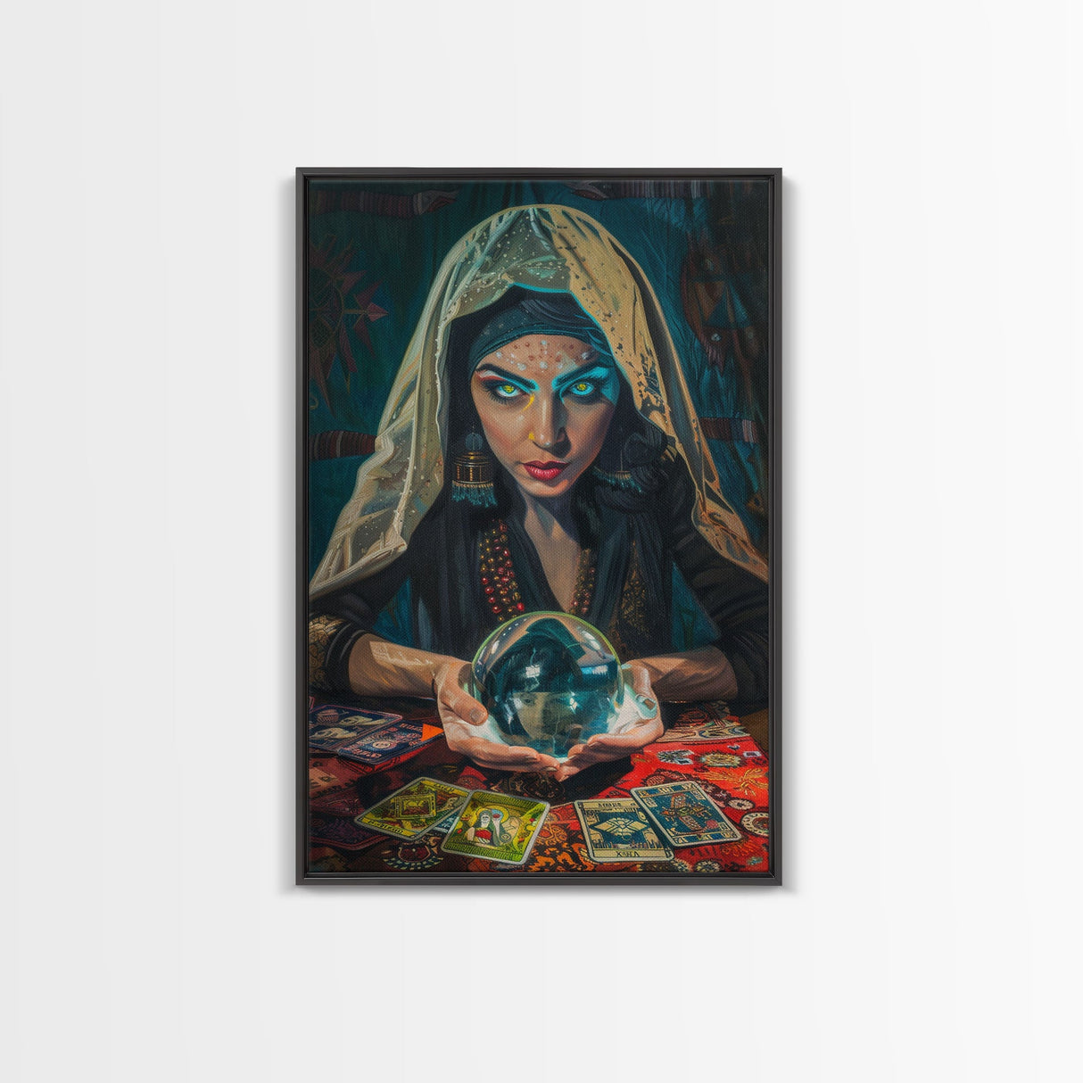 Enchanting Fortune Teller with Crystal Ball Under Moonlight - Mystical Witchcraft Framed Canvas Print, Halloween Gothic Home Decor