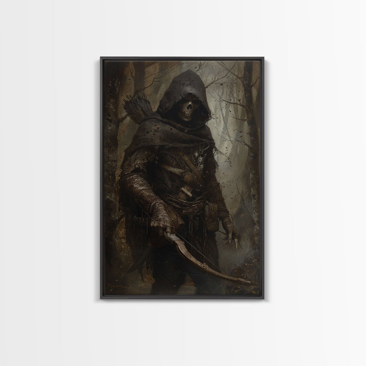 Grim Reaper Archer in Dark Enchanted Forest - Eerie Gothic Wall Art Framed Canvas Print, Unique Spooky Halloween Haunted Homes