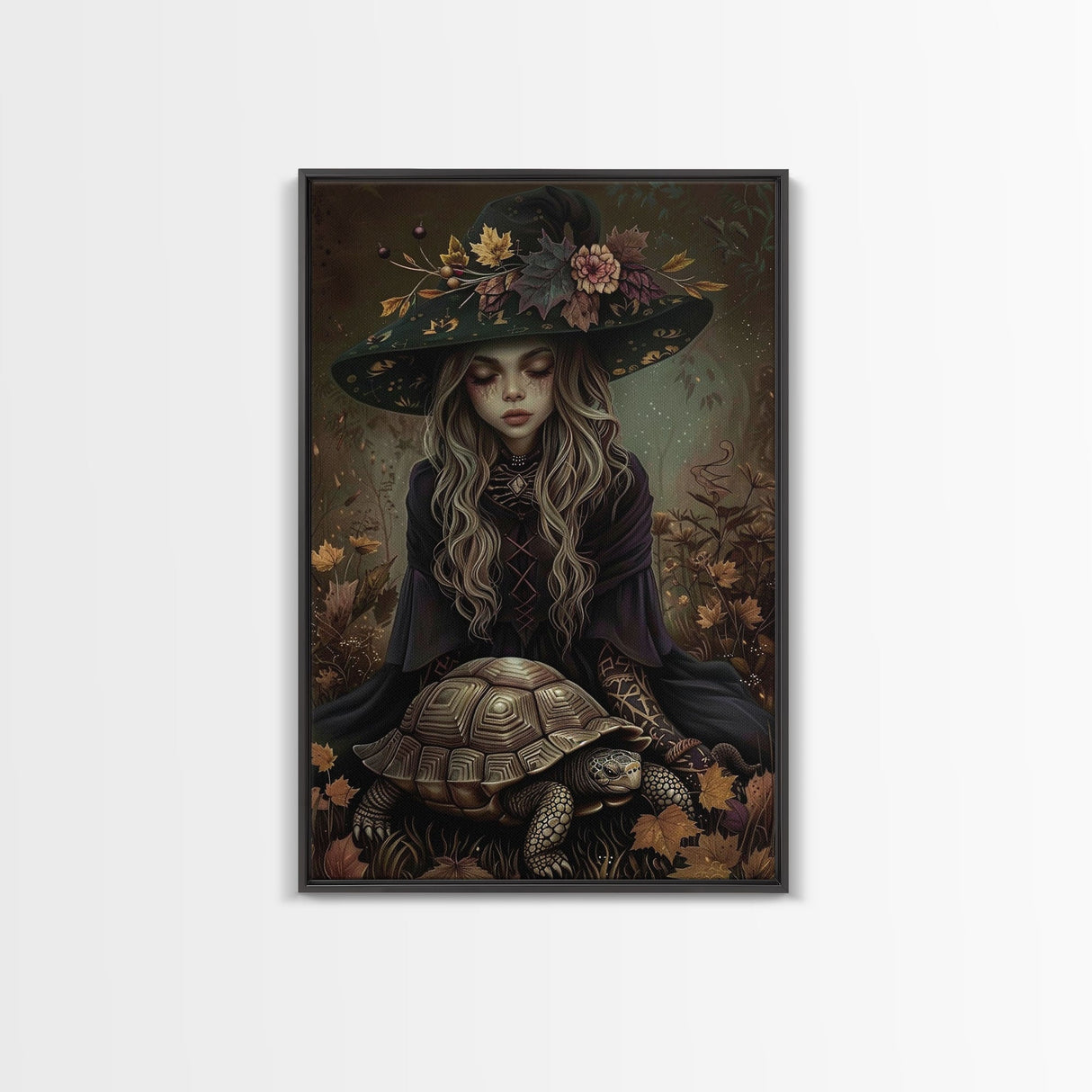 Mystical Witch with Deer in Enchanted Forest - Halloween Art Framed Canvas Print, Spooky Home Wall Decor
