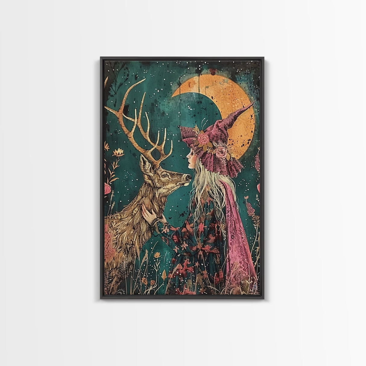 Gothic Witch with Turtle in Dark Forest - Enigmatic Halloween Artwork Framed Canvas Print, Spooky Home Wall Decor