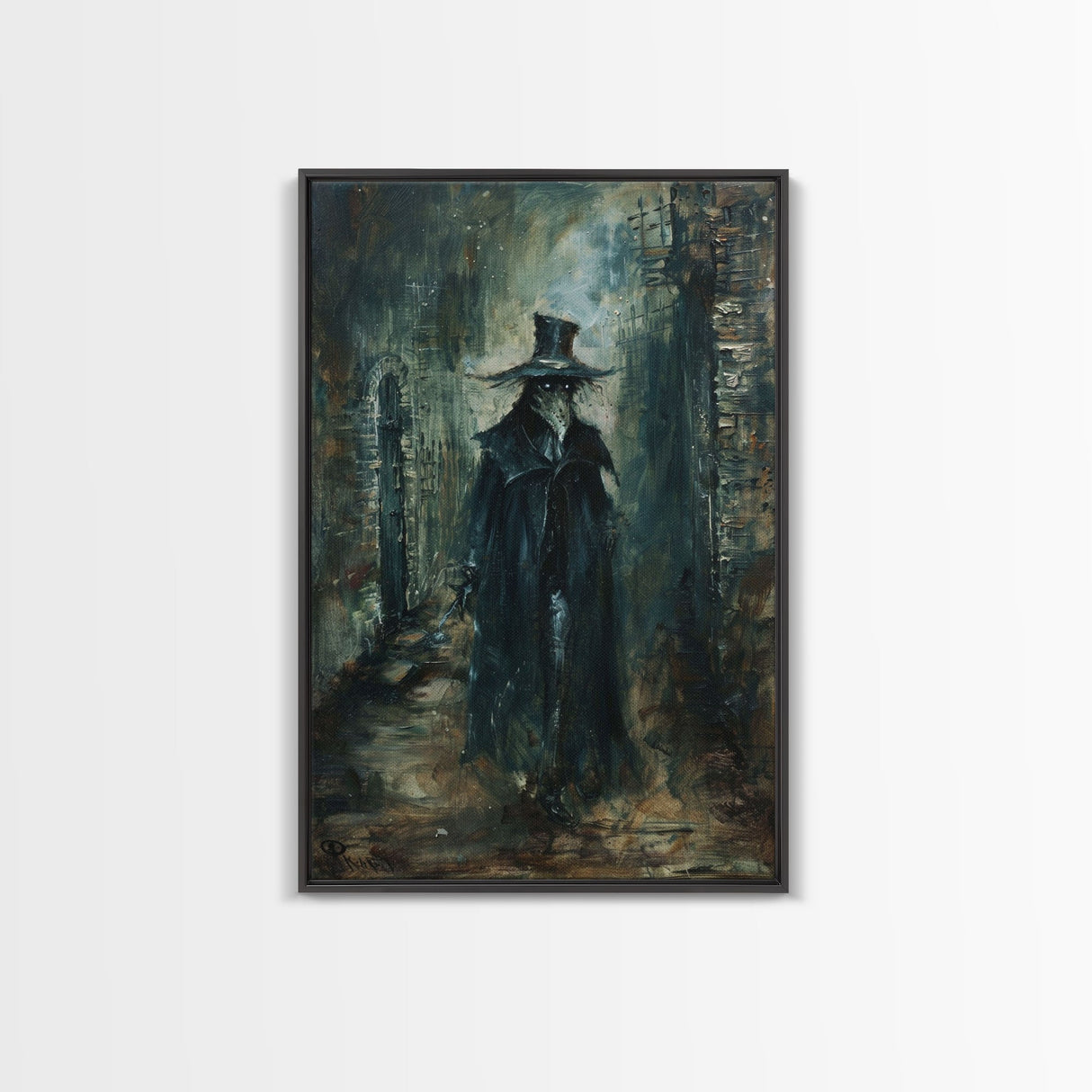 Ghostly Figure in Victorian Attire - Eerie Night Stalker Gothic Art Framed Canvas Print, Halloween Haunted House Decor