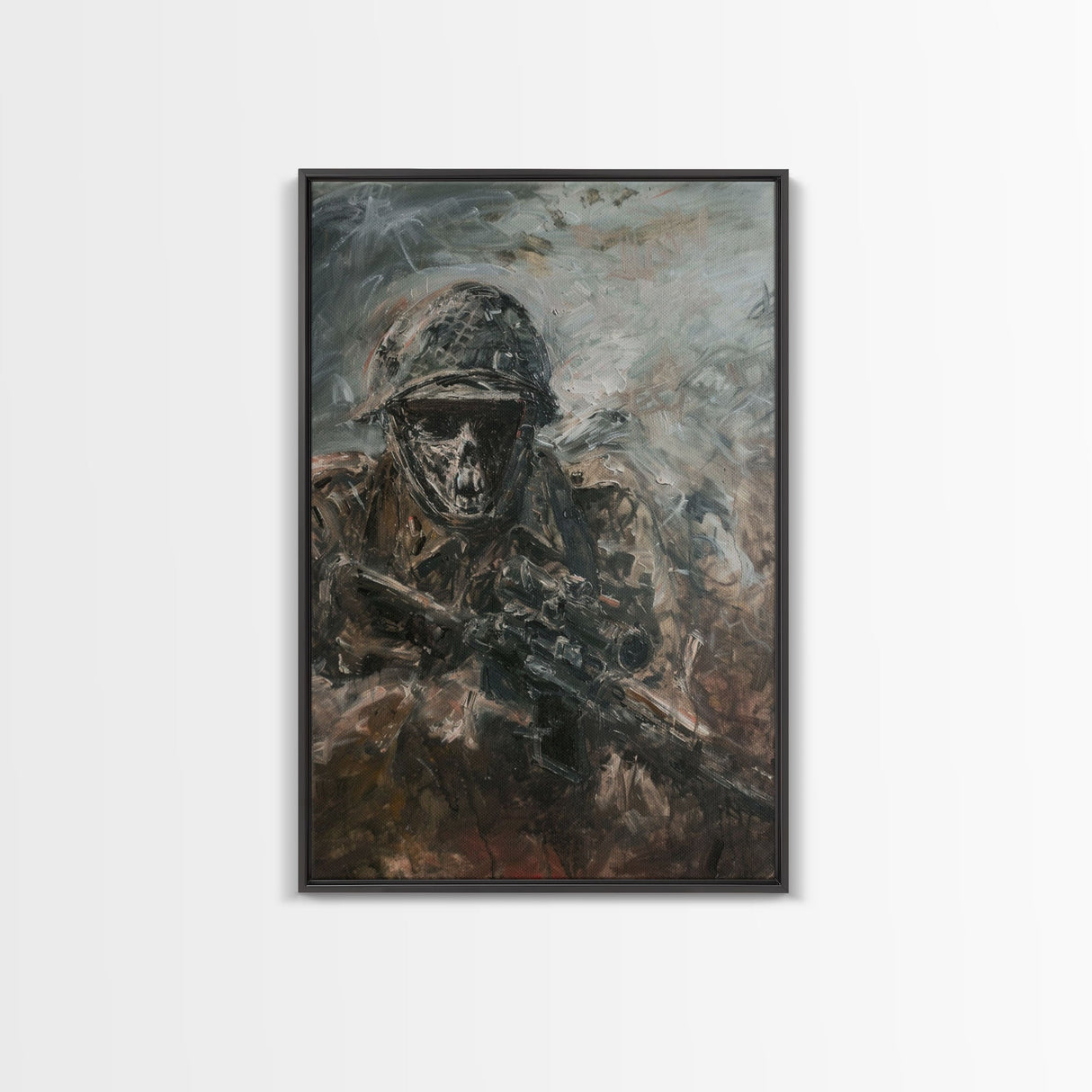 Skeletal Soldier in Battle - Haunting War Scene Gothic Art Framed Canvas Print, Spooky Halloween Decor
