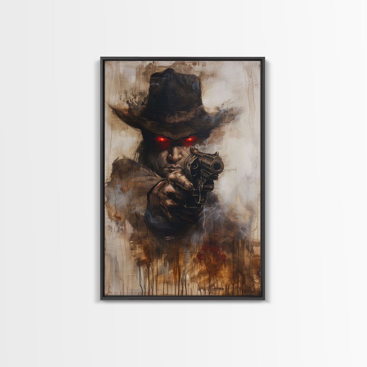 Haunting Cowboy with Red Eyes - Halloween Art, Gothic Art, Spooky Decor, Dark Wild West Art, Menacing Portrait, Framed Canvas Print