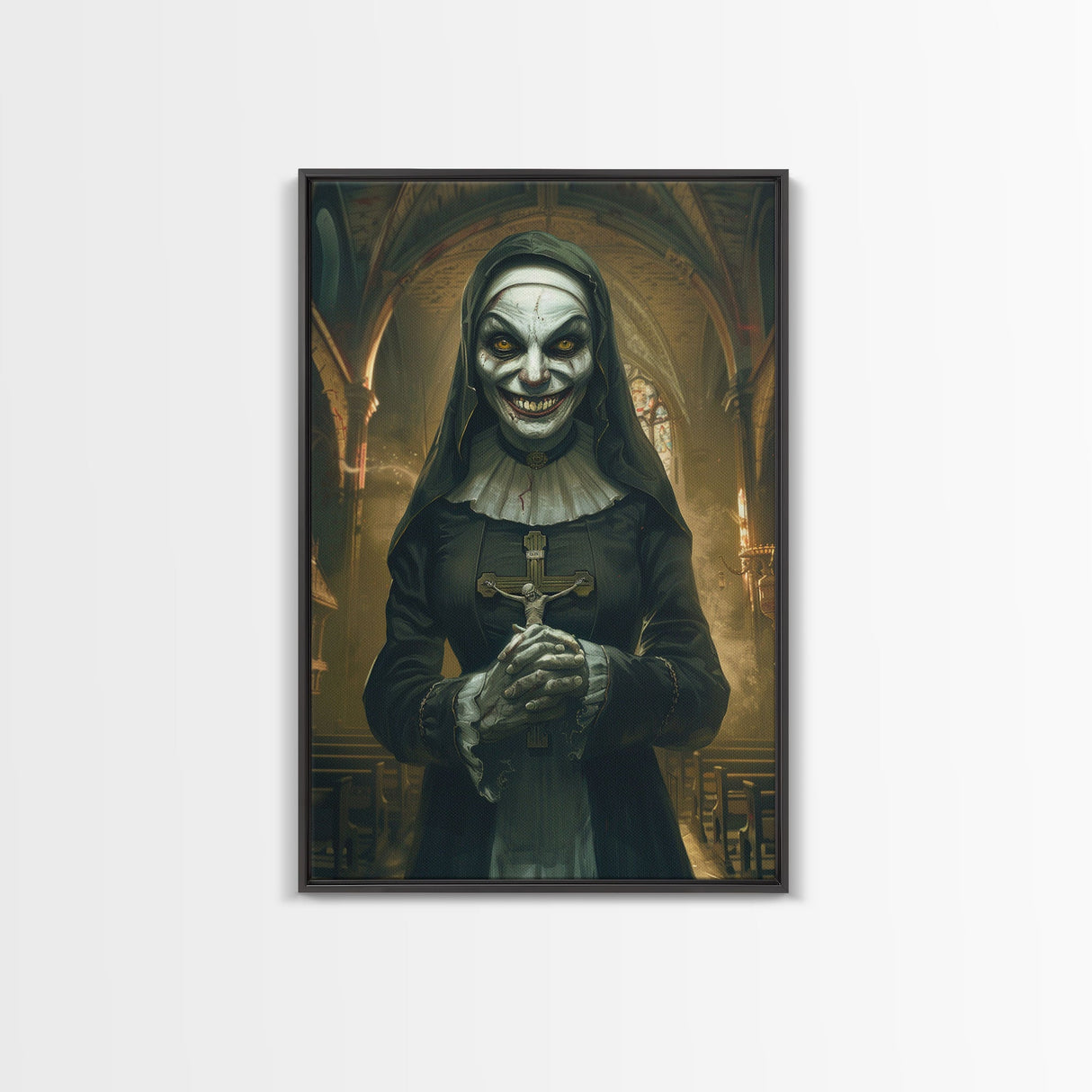 Creepy Nun Canvas Print - Halloween Art, Scary Art, Spooky Home Decor, Creepy Portrait, Gothic Wall Art, Halloween Decor Framed Canvas Print
