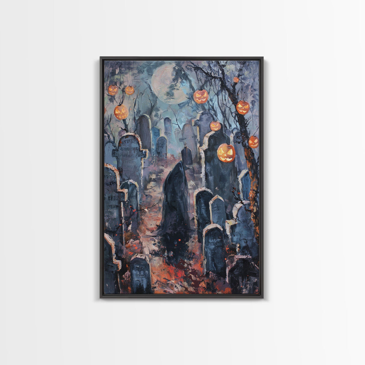 Jack-o'-Lantern Graveyard Canvas Print - Halloween Art, Spooky Home Decor, Cemtary Wall Art Pumpkin Art Halloween Decor, Framed Canvas Print