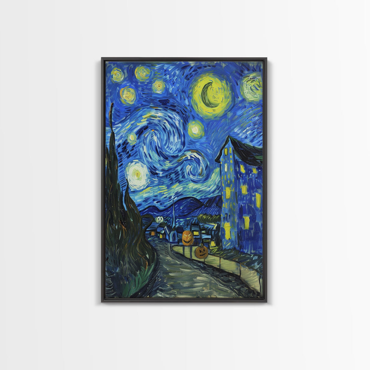 Starry Night Inspired Haunted Halloween Village Framed Canvas Print, Van Gogh Inspired, Spooky Season Halloween Art