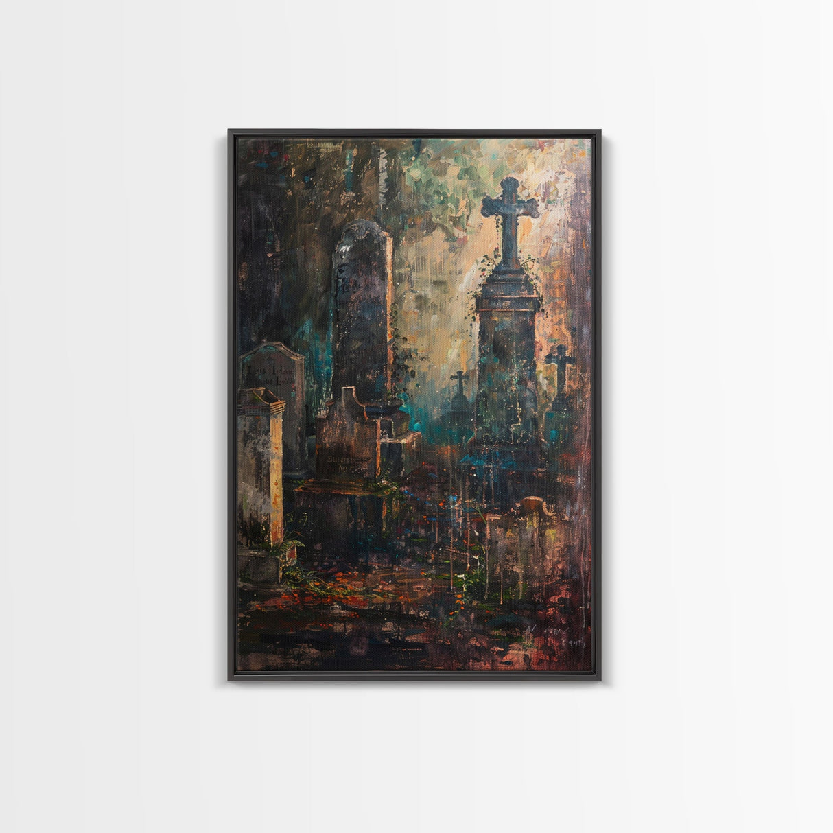 Gloomy Cemetery Halloween Art, Spooky Graveyard, Haunted Cemetery, Creepy Gravestones, Dark Artwork, Framed Canvas Print