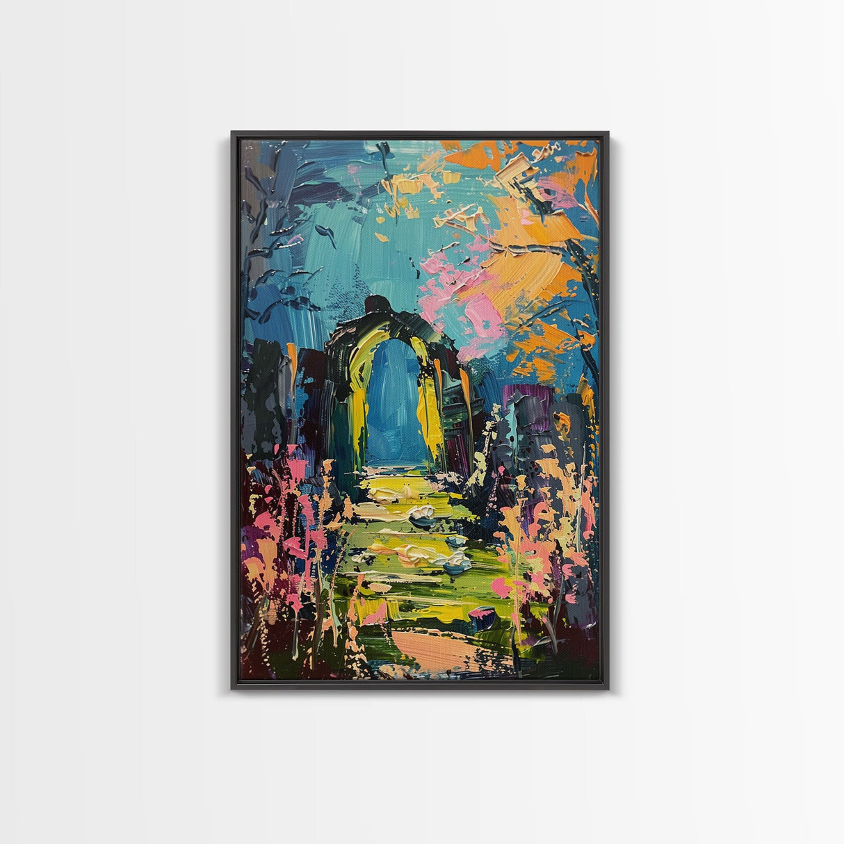 Enchanted Path Framed Canvas Print, Halloween Art, Spooky Garden, Haunted Walkway, Fall Decor Gothic Decor, Ghostly Archway, Eerie Landscape