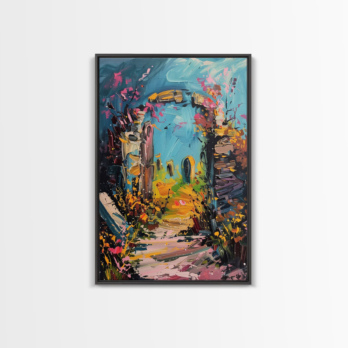 Ruined Archway Framed Canvas Print, Halloween Art, Haunted Garden, Spooky Ruins, Eerie Pathway, Fall Decor, Gothic Wall Art, Haunted Decor