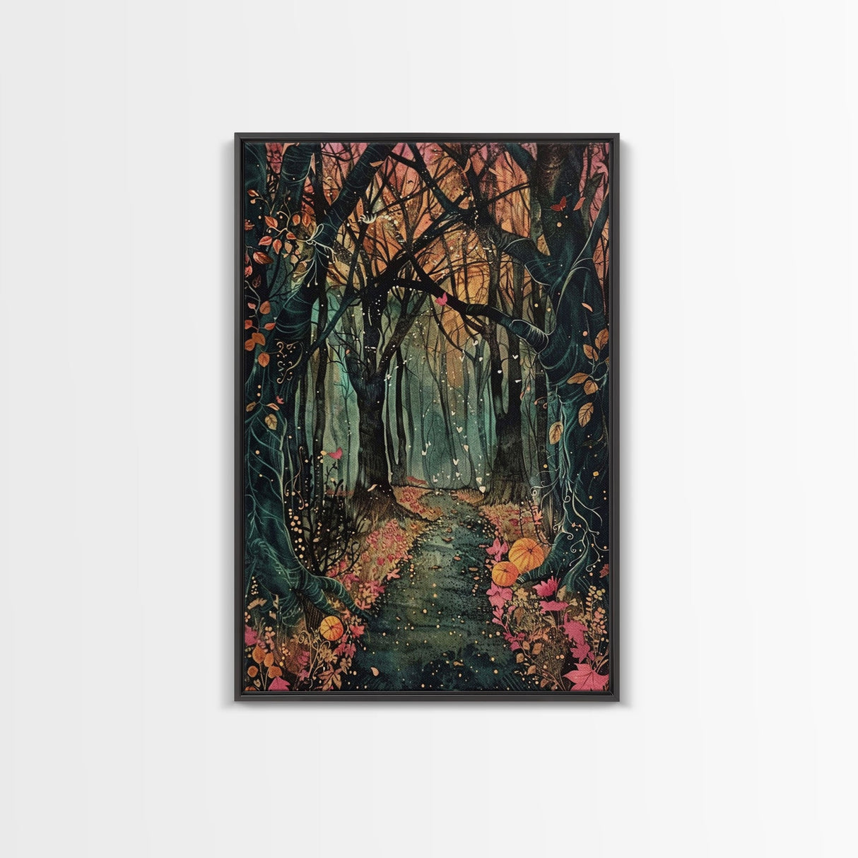 Haunted Pathway Through the Woods Framed Canvas Print, Spooky Forest Art, Halloween Night Scene, Mysterious Path Decor, Framed Canvas Print