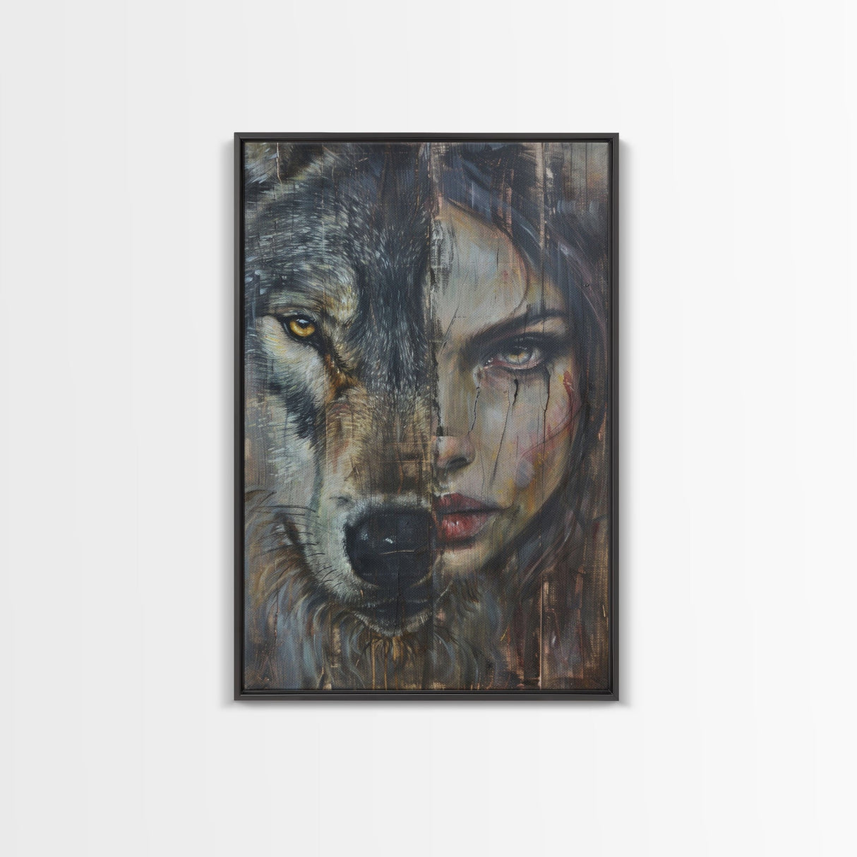 Half Witch Half Wolf, Double Exposure, Unique Halloween Art Framed Canvas Print, Halloween Products, Spooky Witch Poster Art