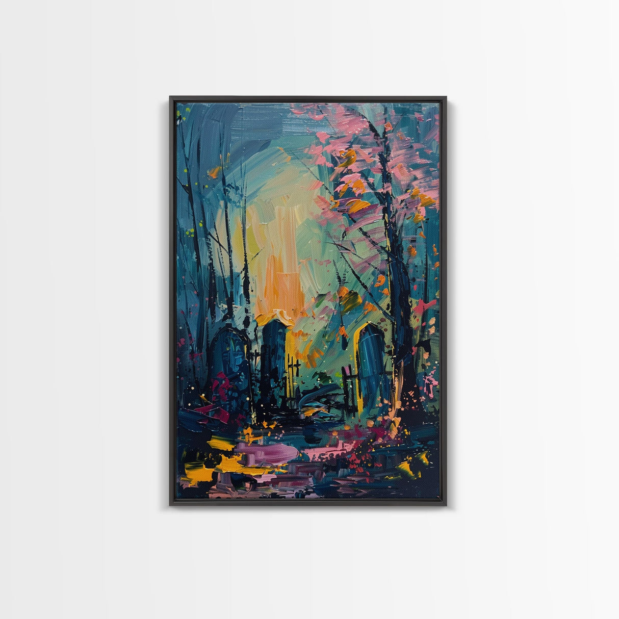 Haunted Forest Graveyard Framed Canvas Print, Spooky Cemetery Art, Halloween, Eerie Graveyard Decor, Gothic Artwork, Framed Canvas Print