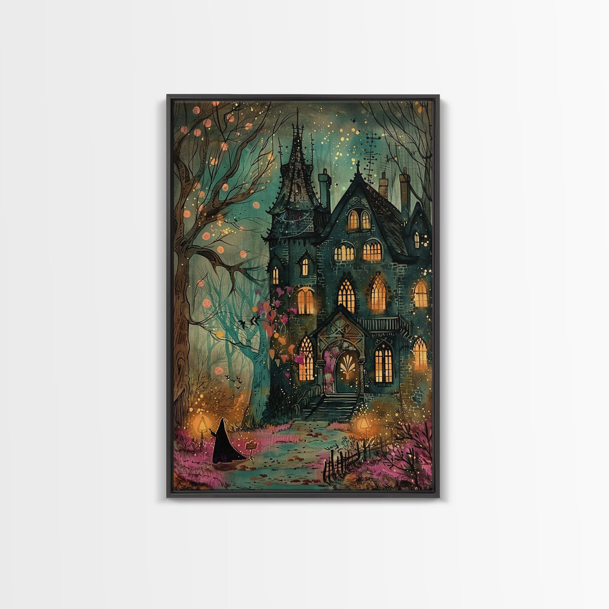 Haunted Mansion On Halloween, Framed Canvas Print, Spooky Vibes Wall Art