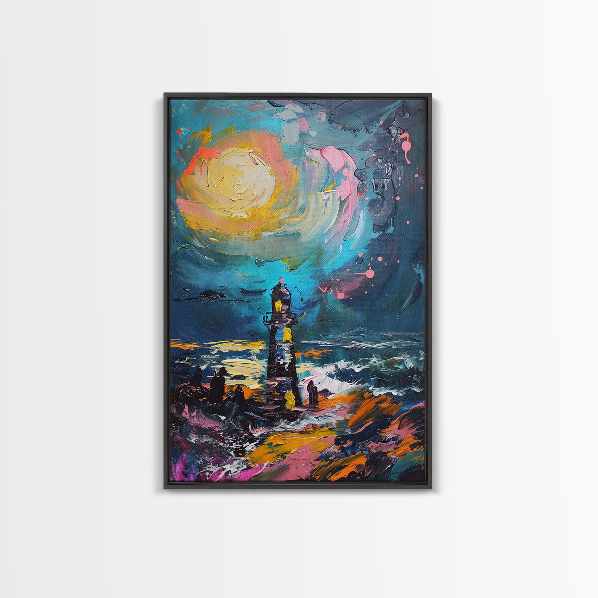 Moonlit Lighthouse Framed Canvas Print, Halloween Wall Art, Haunted Lighthouse Art, Spooky Night Decor Ocean Horror Art Halloween Home Decor
