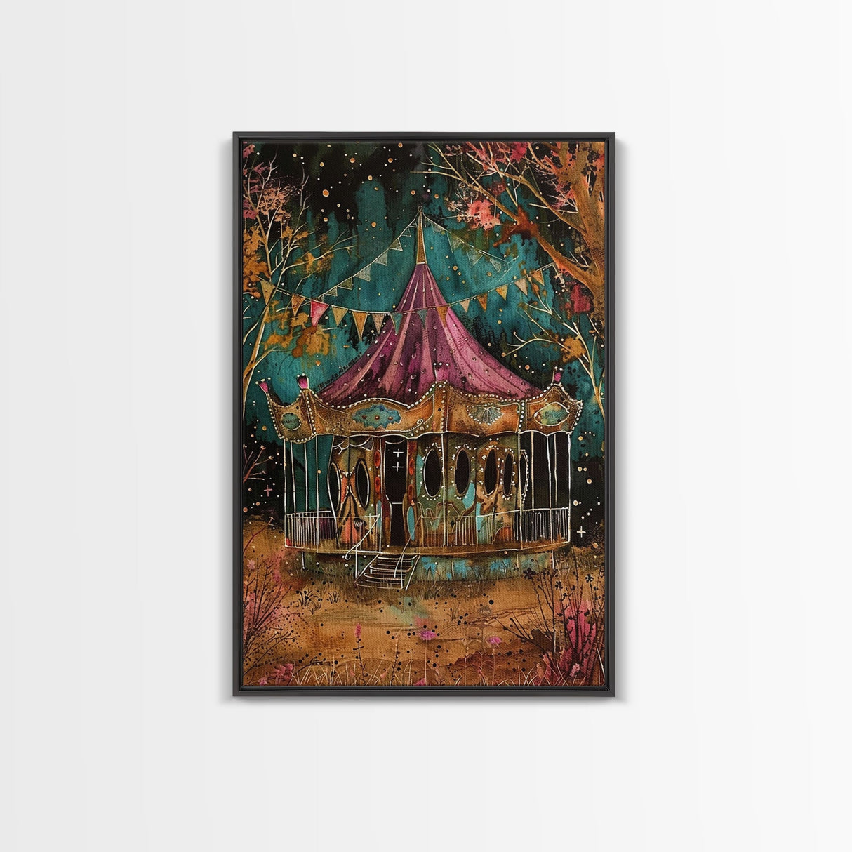 Nighttime Haunted Forest Path Framed Canvas Print, Halloween Wall Art, Spooky Home Decor, Eerie Artwork, Ghostly Path Decoration