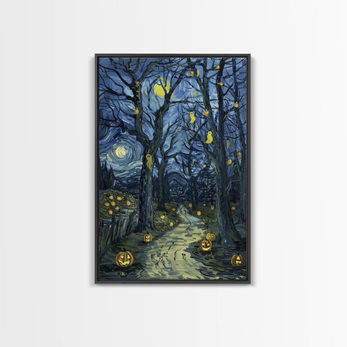 Dark Steamy Train at Night Framed Canvas Print, Halloween Wall Art, Spooky Train Station Decor, Haunted Transportation Artwork, Ghostly Art