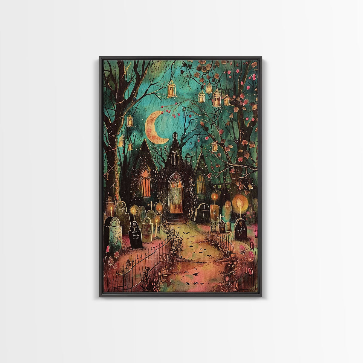 Gothic Churchyard with Moon and Lanterns Framed Canvas Print, Wall Art, Spooky Home Decor, Halloween Cemetery, Gothic Art, Haunted Graveyard