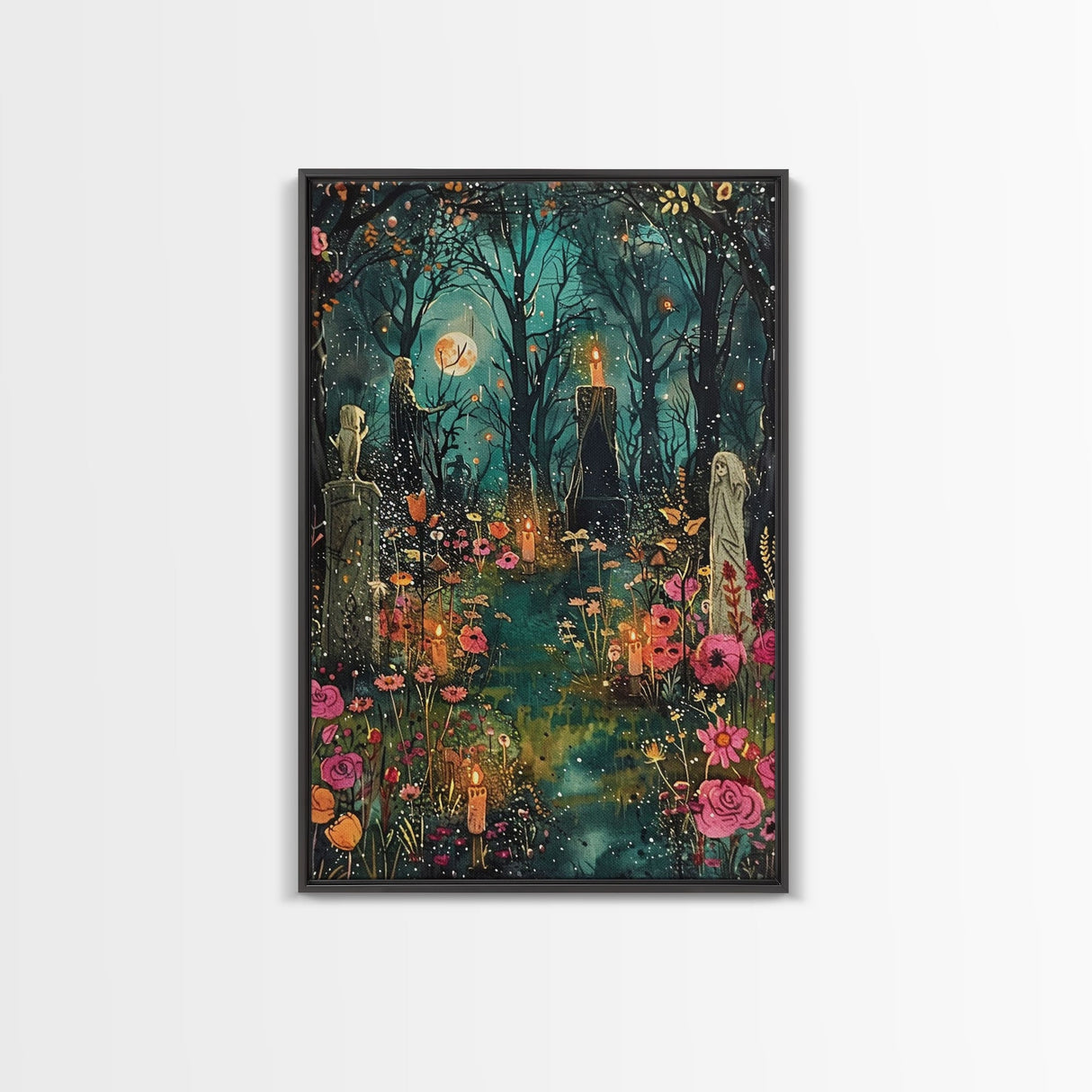 Haunted Graveyard with Flowers Framed Canvas Print, Wall Art, Halloween Cemetery Art, Spooky Home Decor, Ghostly Garden Painting