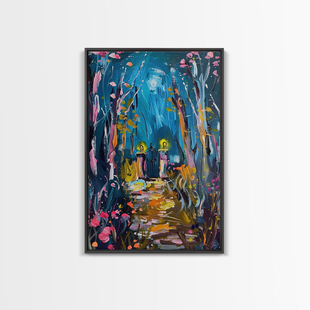 Mystical Cemetery with Glowing Flowers Framed Canvas Print, Wall Art, Halloween Graveyard Art, Enchanted Forest Decor, Spooky Artwork