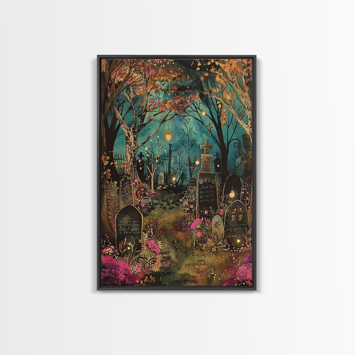 Gate to Haunted Cemetery Framed Canvas Print, Wall Art, Spooky Graveyard Art, Eerie Home Decor, Halloween Forest Painting, Spooky Graveyard