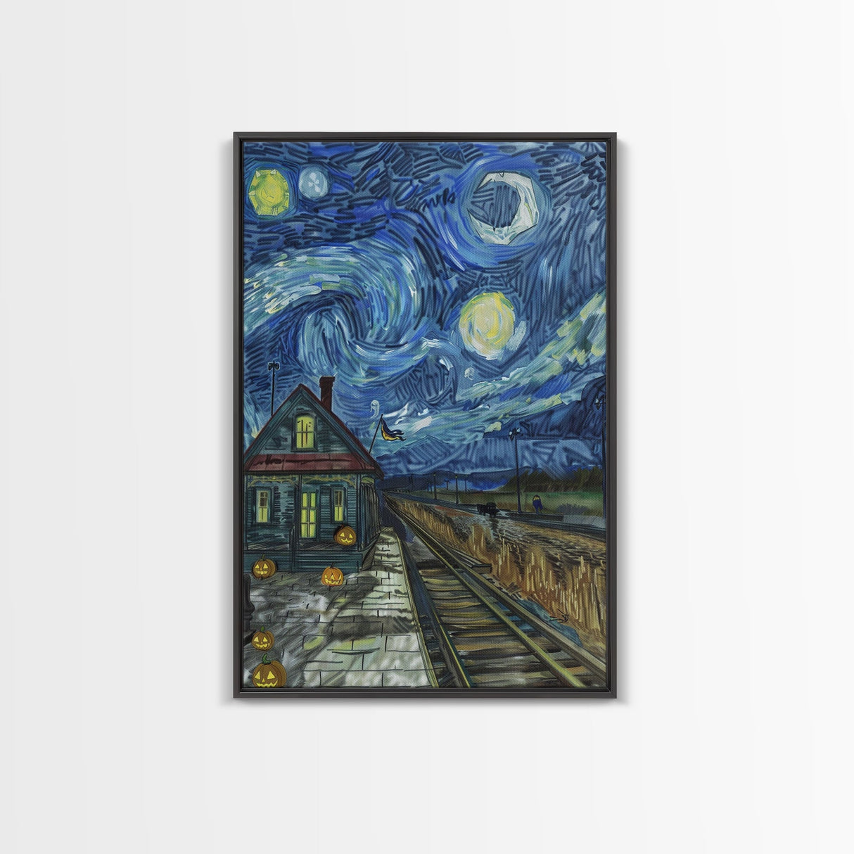 Enchanted Graveyard with Lanterns Framed Canvas Print, Wall Art, Spooky Home Decor, Halloween Cemetery Art, Mystical Art, Haunted Graveyard