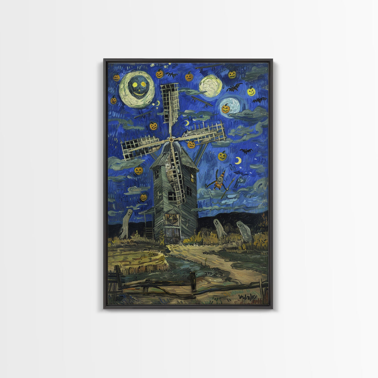 Haunted Railway Station with Pumpkins Framed Canvas Print, Wall Art, Spooky Home Decor, Halloween Train Station Art, Eerie Painting