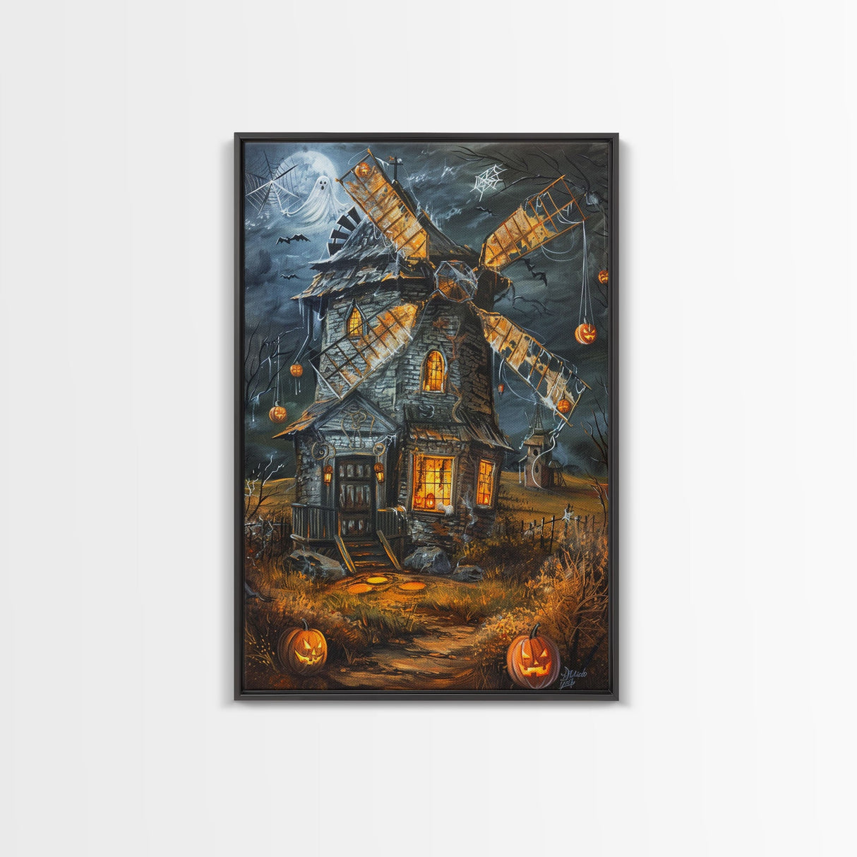 Spooky Windmill with Pumpkins Framed Canvas Print, Wall Art, Halloween Home Decor, Haunted Windmill Painting, Eerie Artwork, Halloween