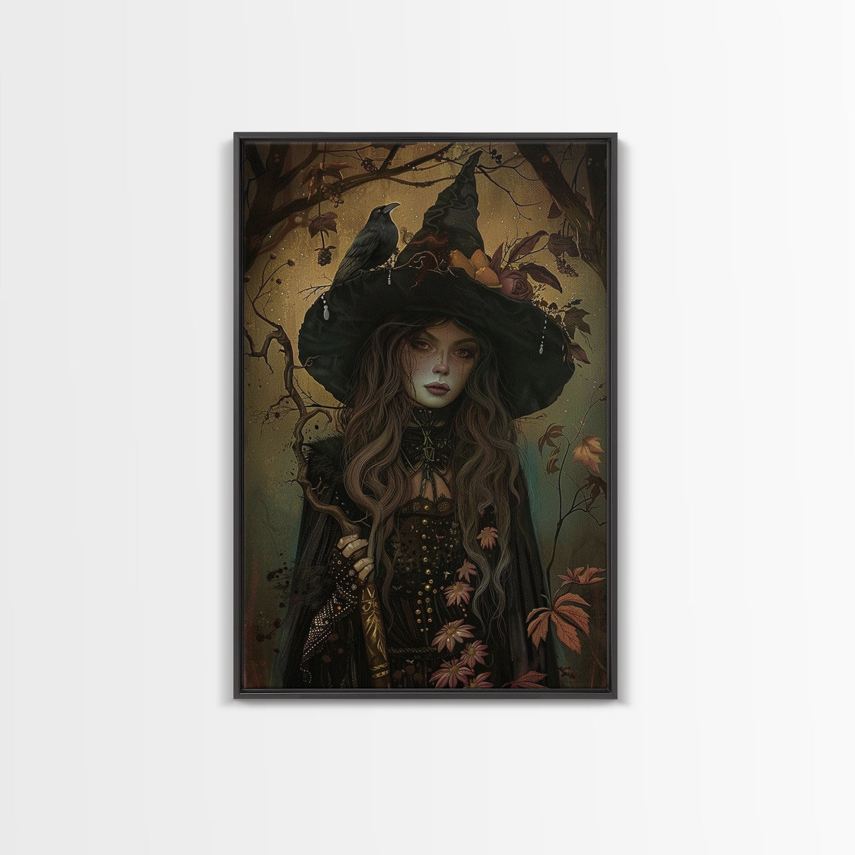 The Witch And The Raven, Framed Canvas Print, Raven Familiar, Victorian Witch Painting, Halloween Decor, Halloween Trinket, Spooky Wall Art