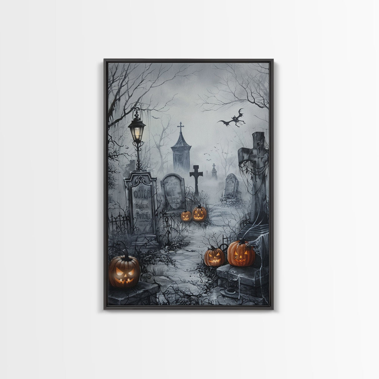 Eerie Graveyard with Pumpkins Framed Canvas Print, Halloween Wall Art, Spooky Cemetery, Home Decor, Gothic Artwork, Living Room Art, Creepy