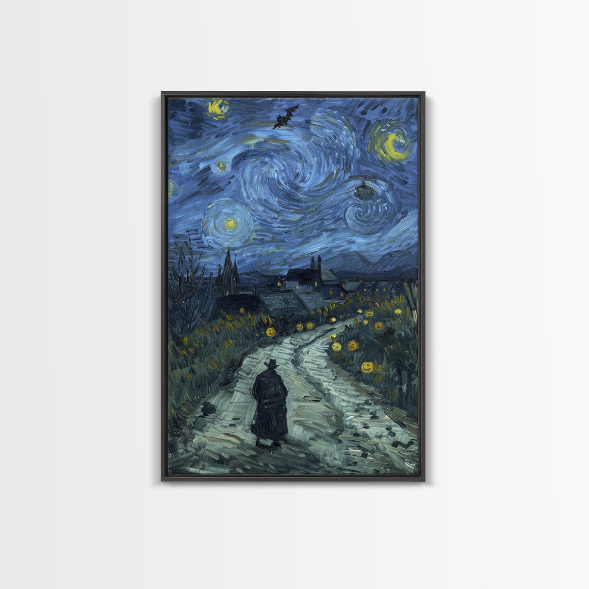 Haunted Road with Jack-O-Lanterns Framed Canvas Print, Halloween Wall Art, Starry Night Inspired, Home Decor, Spooky Art, Living Room Decor