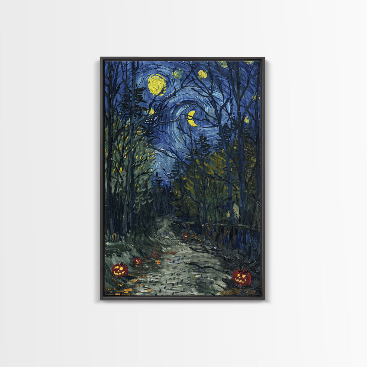 Dark Forest Path with Pumpkins Framed Canvas Print, Halloween Wall Art, Starry Night Inspired, Home Decor, Spooky Art, Living Room Decor