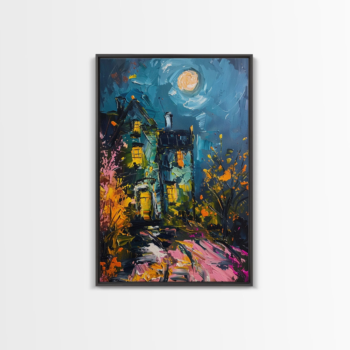 Haunted House with Glowing Windows Framed Canvas Print, Halloween Wall Art, Spooky Art, Home Decor, Living Room Decor, Gothic Artwork
