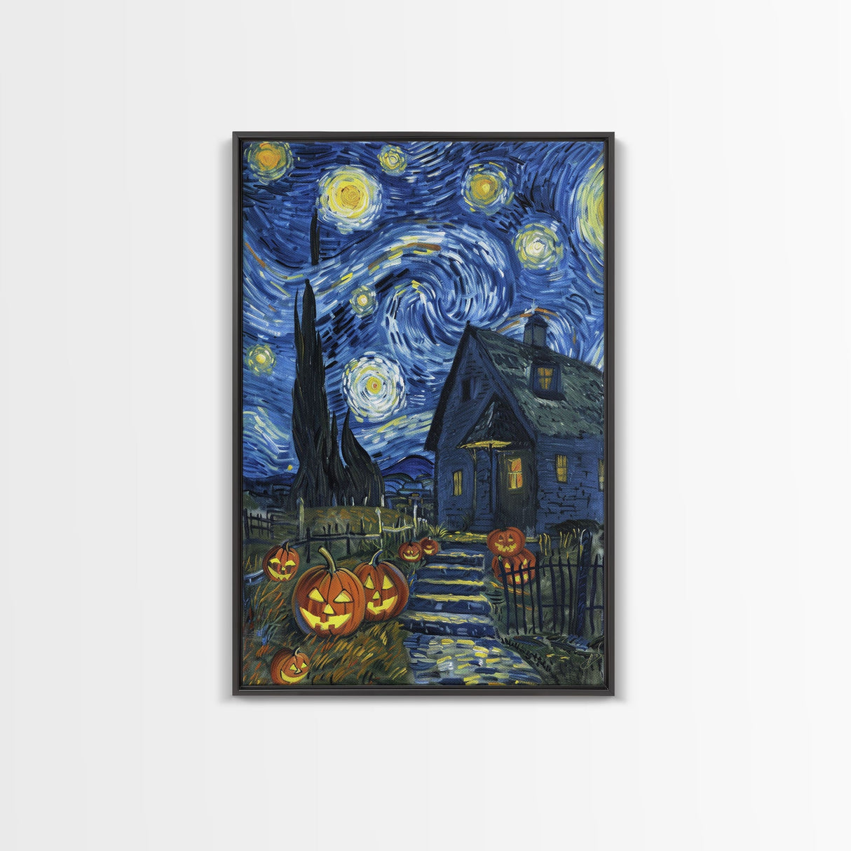 Spooky Starry Night with Jack-O-Lanterns Framed Canvas Print, Halloween Wall Art, Starry Night Inspired, Home Decor, Spooky Art, Living Room