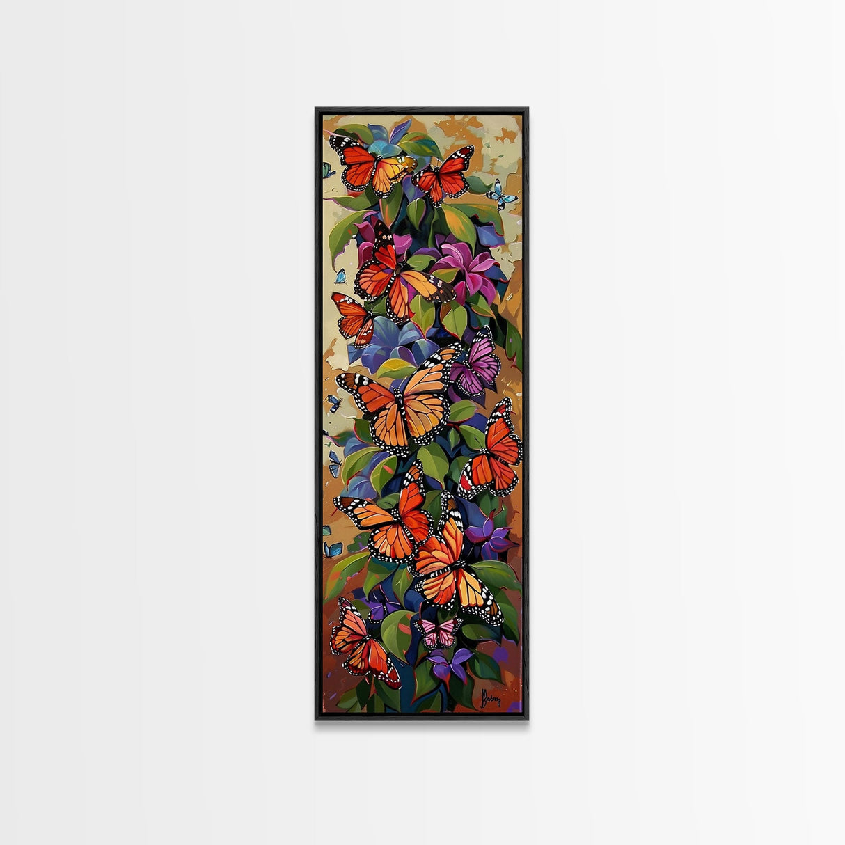 Colorful Butterfly Vertical Framed Canvas Oil Painting, Abstract Botanical Wall Art, Gouache Style Painted Art, Housewarming Gift for Her