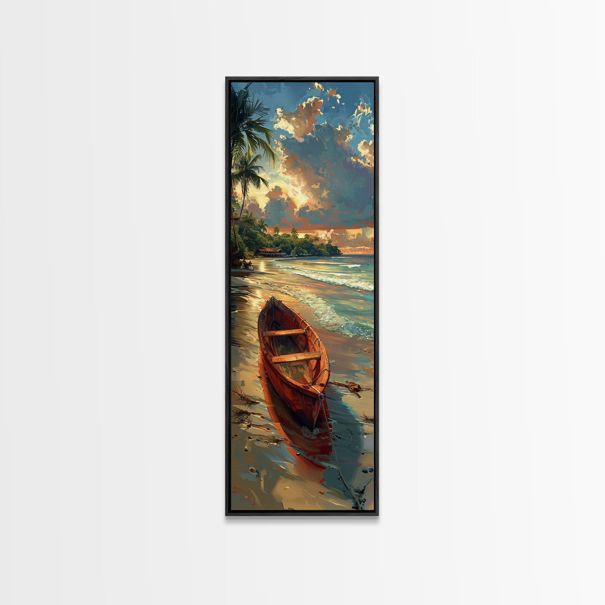 Red Boat Resting on the Shoreline - Framed Canvas Print, Midcentury Modern Wall Art, Skinny Art, Tall Art, Living Room Decor