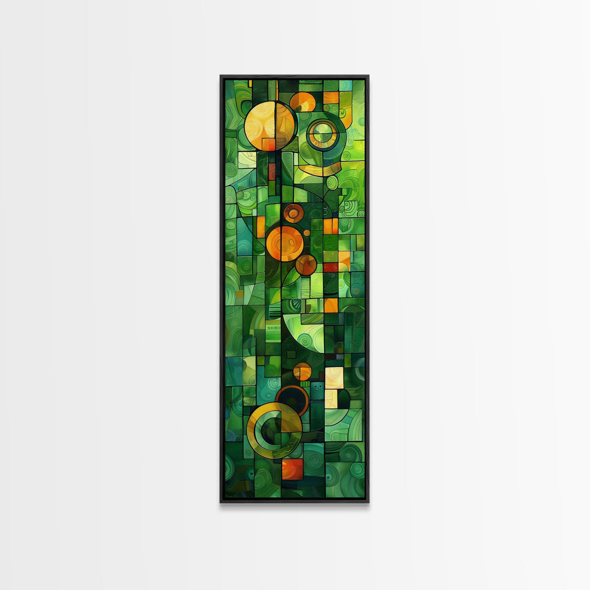 Geometric Abstract Art in Green and Yellow Tones - Framed Canvas Print, Midcentury Modern Art, Skinny Art, Tall Art, Living Room Wall Decor, Boho Art