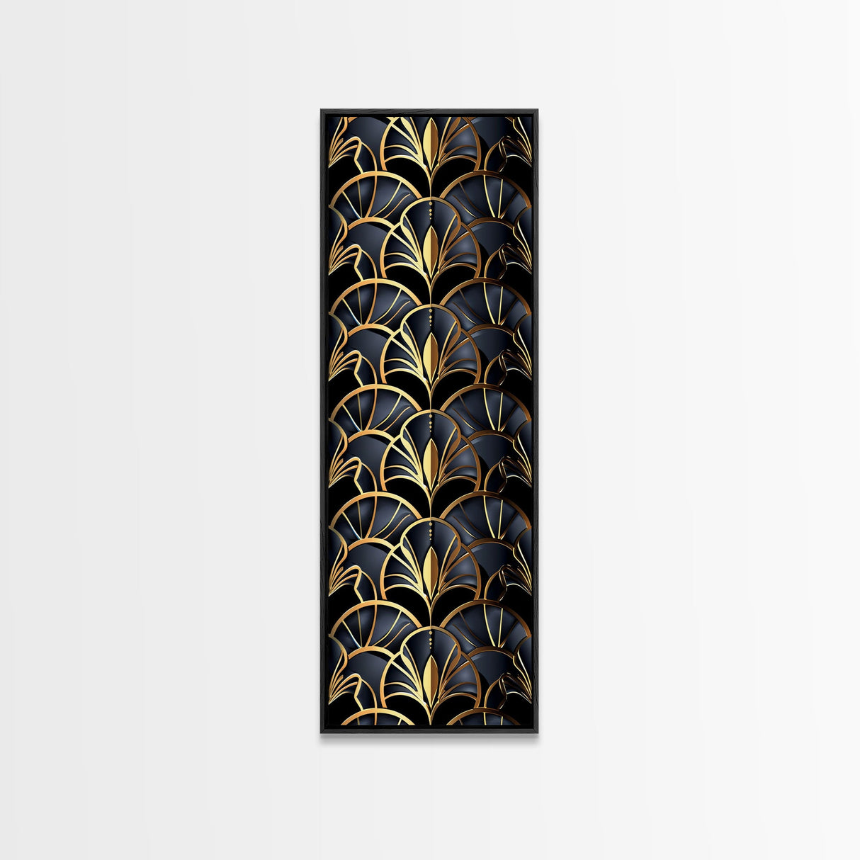 Gold Art Deco Pattern on Black Background - Framed Canvas Print, Midcentury Modern Art, Skinny Art, Tall Art, Living Room Wall Decor, Minimalist Art